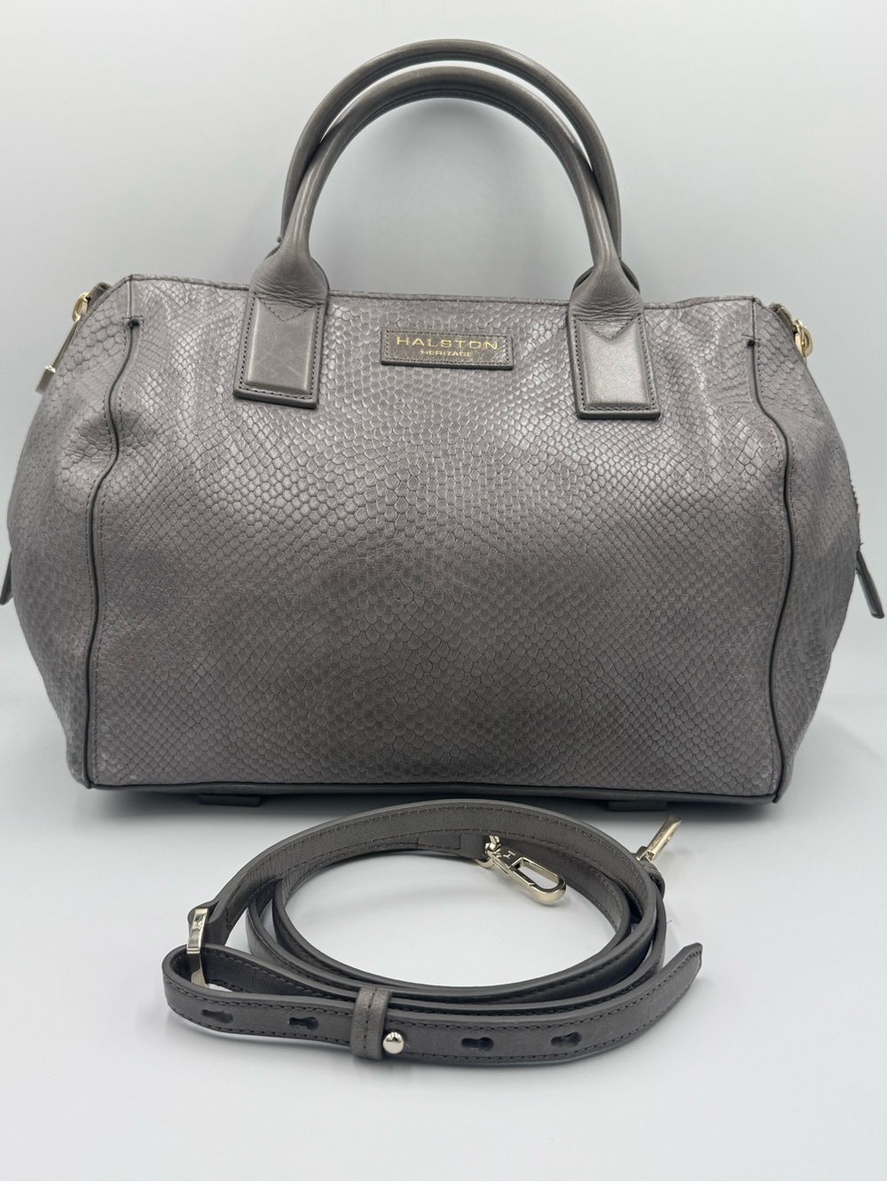 Halston Heritage Grey Textured Leather Satchel with Adjustable Strap
